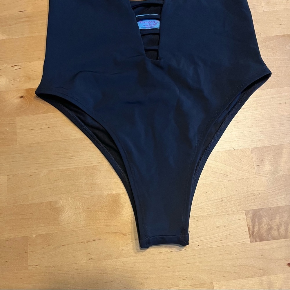 Mora V Neck Size M Halter Black Waist Cut Out One Piece Swimsuit - Picture 3 of 7